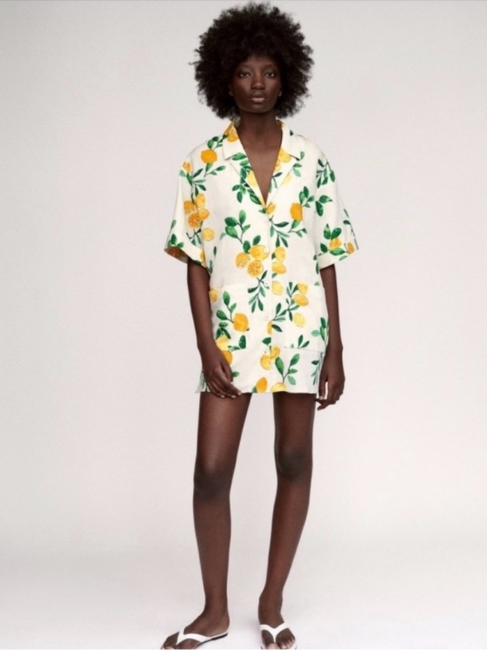 Zara White Short-Sleeve Lemon Print Tunic